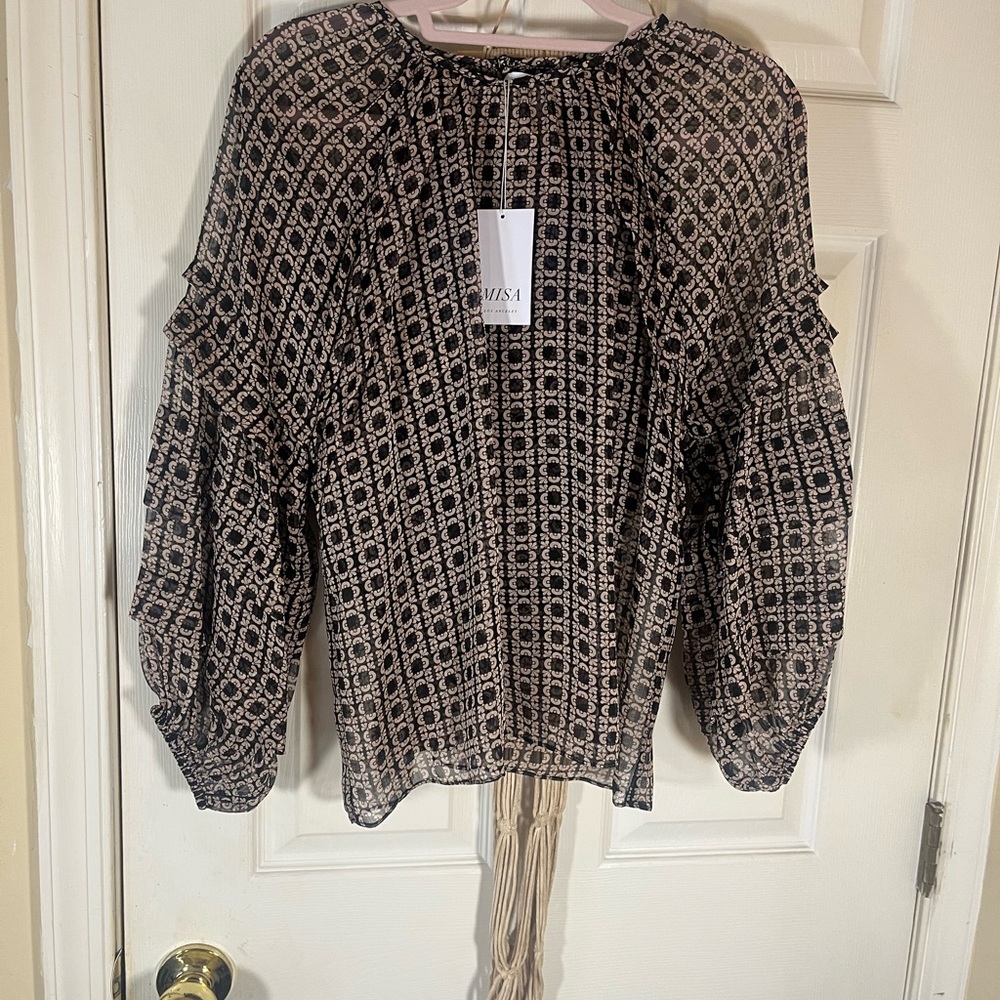 MISA Los Angeles Gray and Brown Puff Sleeve Ruffled Blouse